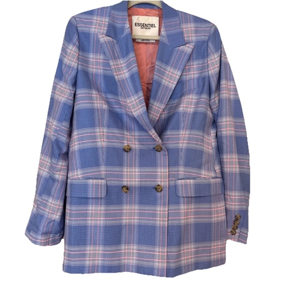 Essentiel Antwerp Jackets & Blazers - Essentiel Blue & Pink Plaid Double-Breasted Blazer